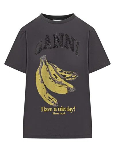 Ganni Crew-neck Cotton T-shirt With Banana Print In Black