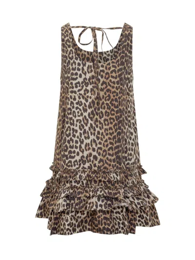 Ganni Brown Leopard Cotton Poplin Mini Dress In Brown