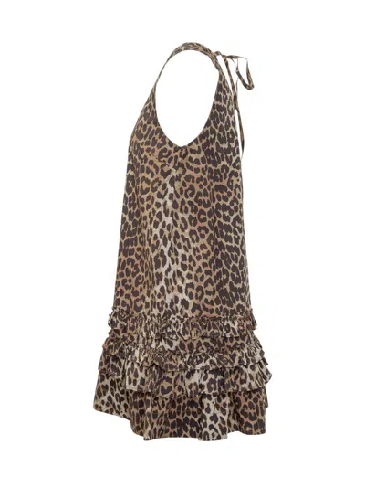 Ganni Brown Leopard Cotton Poplin Mini Dress In Brown