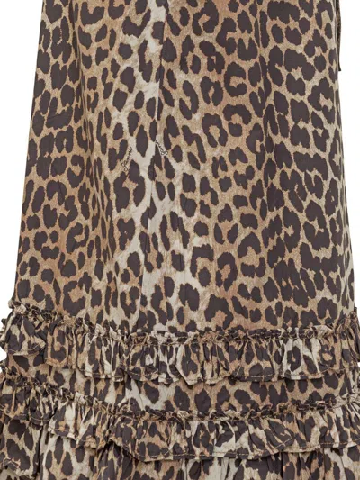 Ganni Brown Leopard Cotton Poplin Mini Dress In Brown