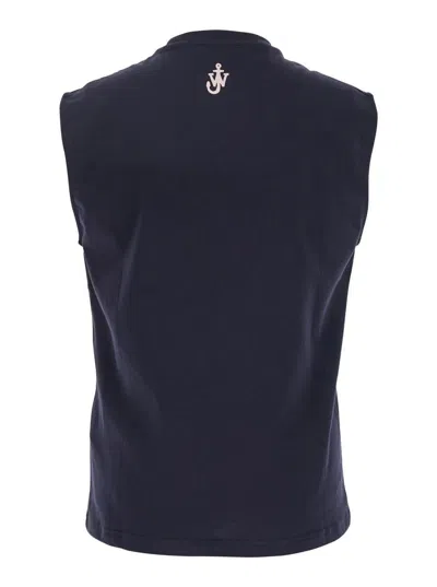 Jw Anderson Blue Sleeveless Top With Maxi Print On The Front And Logo Detail On The Rear In Cotton Man In Black