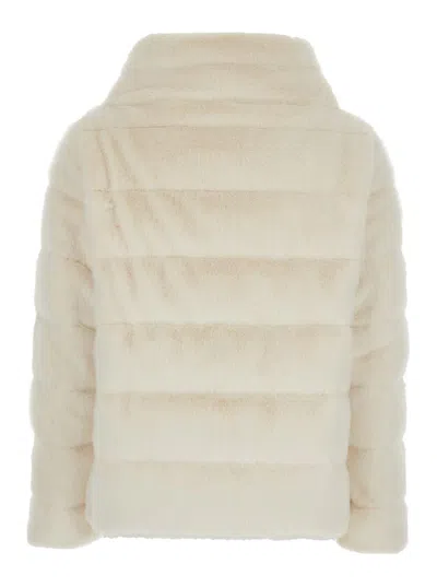 Herno White Quilted Down Jacket With Front Zip Closure In Ecofur Woman In Neutral