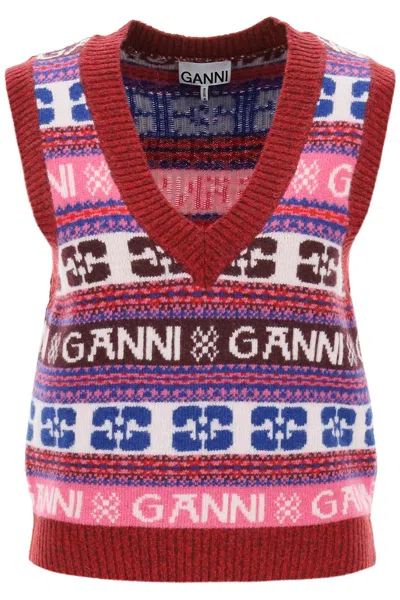 Ganni V-neck Vest In Multi