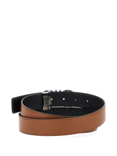 Ferragamo Beige Reversible Belt With Gancini Buckle Closure In Grained Leather Man In Brown