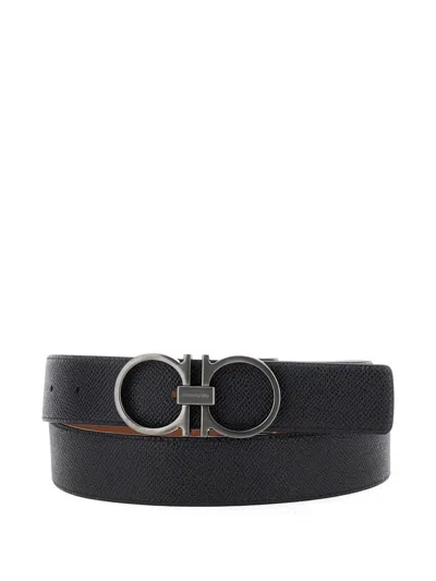 Ferragamo Beige Reversible Belt With Gancini Buckle Closure In Grained Leather Man In Brown