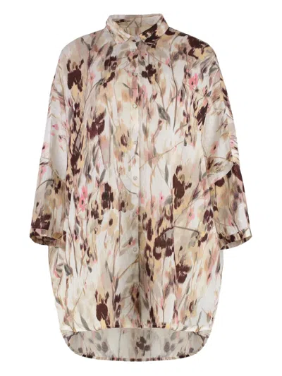 120% Lino Floral-print Shirt In Brown