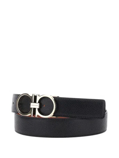 Ferragamo Black Reversible Belt With Gancini Buckle Closure In Grained Leather Man In Black