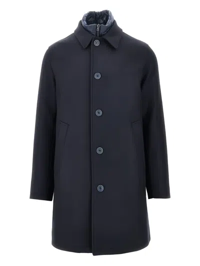 Herno L-blend Coat With Detachable Bib In Blue