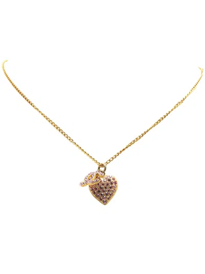 Pre-owned Chanel 1992 Gold Plated Rhinestone Cc Heart Pendant Necklace Costume Necklace