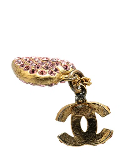 Pre-owned Chanel 1992 Gold Plated Rhinestone Cc Heart Pendant Necklace Costume Necklace