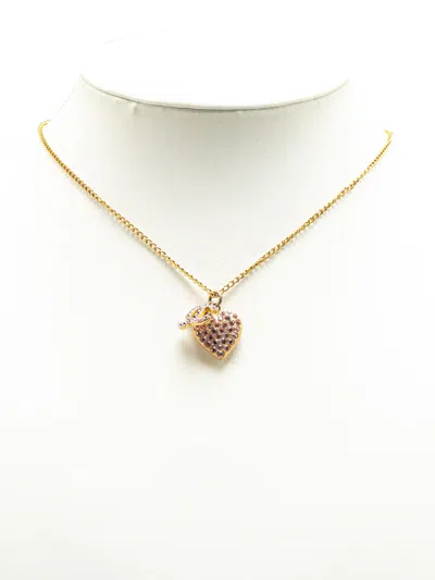 Pre-owned Chanel 1992 Gold Plated Rhinestone Cc Heart Pendant Necklace Costume Necklace