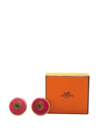 Pre-owned Hermes 20th Century Gold Plated And Leather Bijouterie Fantaisie Clou De Selle Clip On Earrings Costume Ear