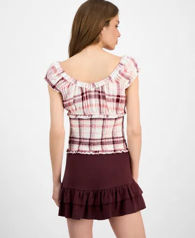 Self Esteem Juniors' Plaid Cap-sleeve Smocked Top