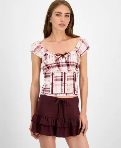 Self Esteem Juniors' Plaid Cap-sleeve Smocked Top