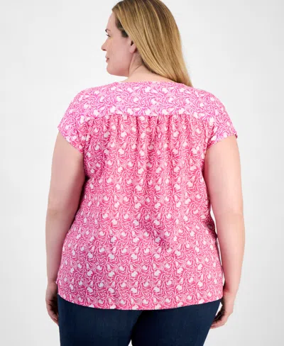 Style & Co Plus Size Printed Mixed-media Relaxed Top, Exclusively At Macy's In Pink