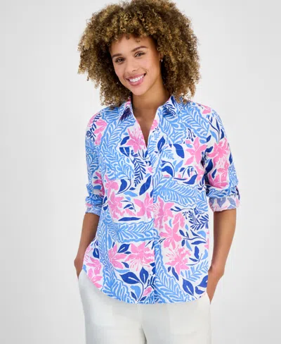 Charter Club Plus Size Printed Floral Linen Shirt, Exclusively At Macy's In Blue