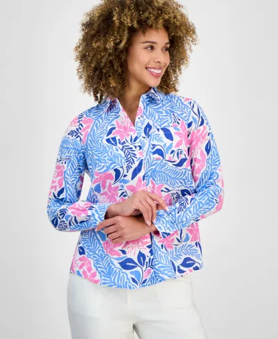 Charter Club Plus Size Printed Floral Linen Shirt, Exclusively At Macy's In Blue
