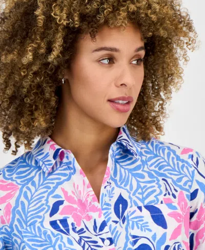 Charter Club Plus Size Printed Floral Linen Shirt, Exclusively At Macy's In Blue
