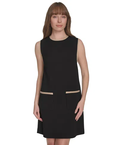 Tommy Hilfiger Petites Sleeveless Colorblocked-pocket Shift Dress In Black