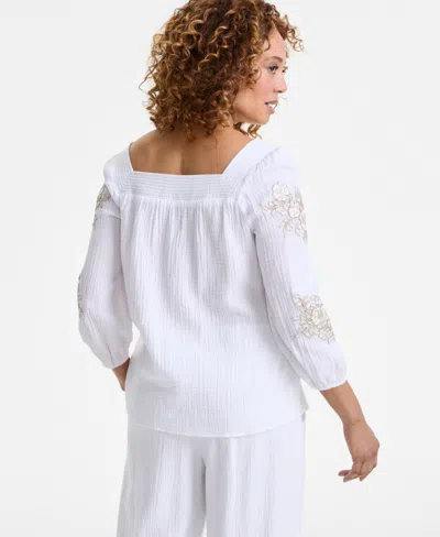 Jm Collection Women's Cotton Gauze Floral-applique Top, Exclusively At Macy's