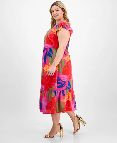 Sandra Darren Plus Size Printed Flutter-sleeve Midi Dress
