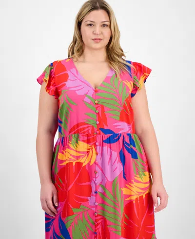 Sandra Darren Plus Size Printed Flutter-sleeve Midi Dress