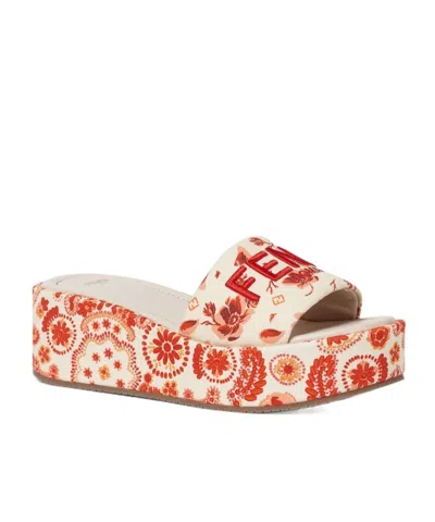 Fendi Camelia And Red Canvas Flatform Slides