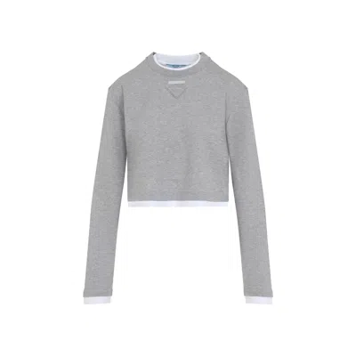 Prada Cotton T-shirt Cropped Length Long Sleeves In Gray