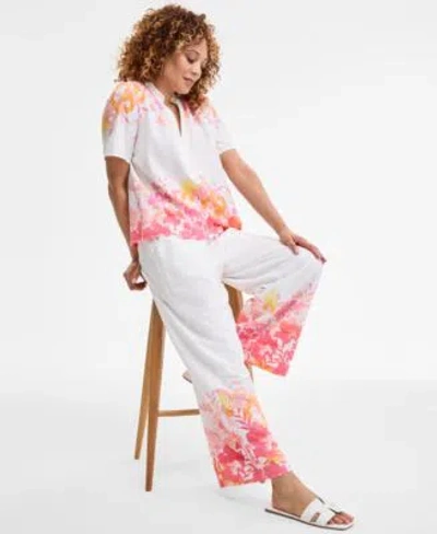 Jm Collection Womens Floral Linen Short Sleeve Top Floral Linen Wide Leg Pants Exclusively At Macys In White