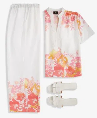 Jm Collection Womens Floral Linen Short Sleeve Top Floral Linen Wide Leg Pants Exclusively At Macys In White