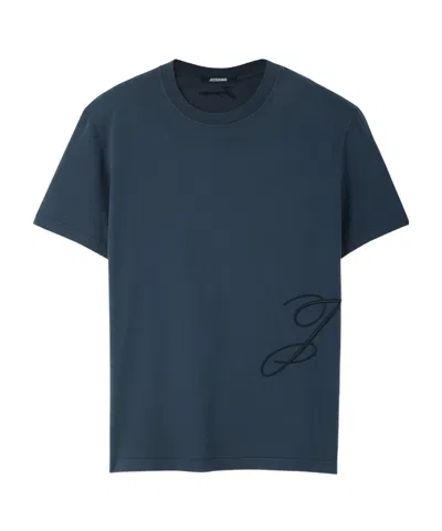Jacquemus Mens Dark Navy Logo-embroidered Cotton T-shirt In Blue