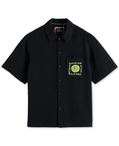 Scotch & Soda Men's Tailored Fit Short Sleeve Button Front Embroidered Pocket Shirt