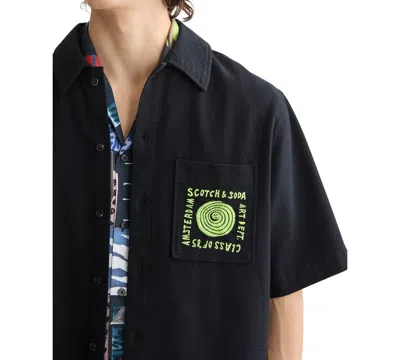 Scotch & Soda Men's Tailored Fit Short Sleeve Button Front Embroidered Pocket Shirt