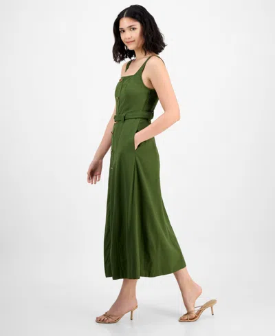 Taylor Petite Square-neck Belted Button-front Dress