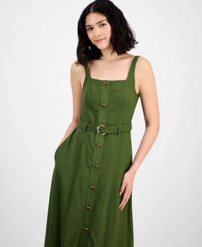 Taylor Petite Square-neck Belted Button-front Dress