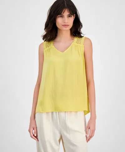 T Tahari Women's V-neck Sleeveless Lace-shoulder Top In Yellow