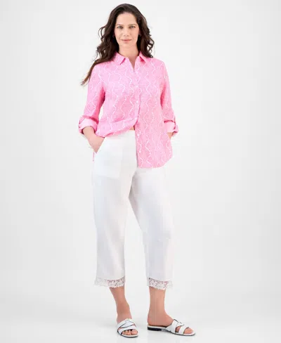 Charter Club Women's Printed 100% Linen Roll-tab Shirt, Exclusively At Macy's In Pink