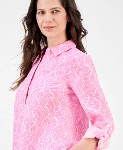 Charter Club Women's Printed 100% Linen Roll-tab Shirt, Exclusively At Macy's In Pink