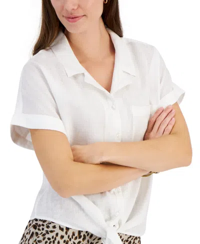 Charter Club Women's 100% Linen Tie-front Shirt, Created For Macy's In White