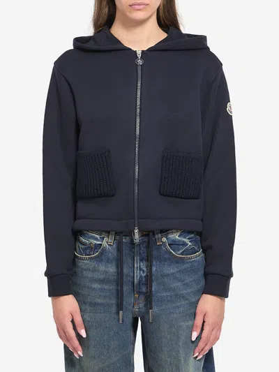 Moncler Cotton Blend Zip-up Hoodie In Blue