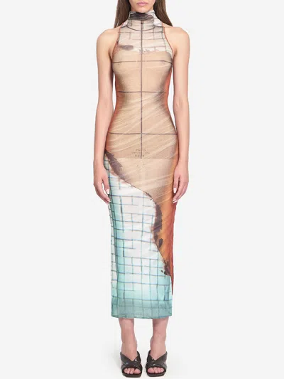 Jean Paul Gaultier Fire Printed Mesh Sleeveless Midi Dress In Multi