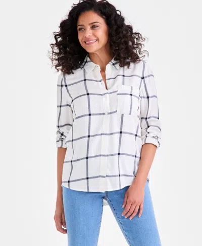 Style & Co Women's Plaid Button-down Perfect Shirt, Exclusively At Macy's In White