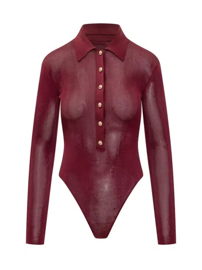 Self-portrait Self Portrait Women Burgundy Viscose Knit Long-sleeved Bodysuit In Burgundy