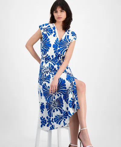 T Tahari Women's V-neck Button-front Fanned-print Midi Dress