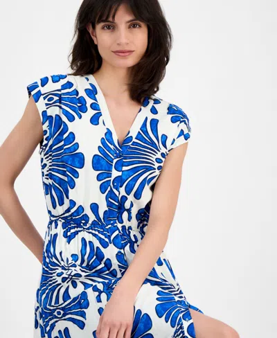 T Tahari Women's V-neck Button-front Fanned-print Midi Dress