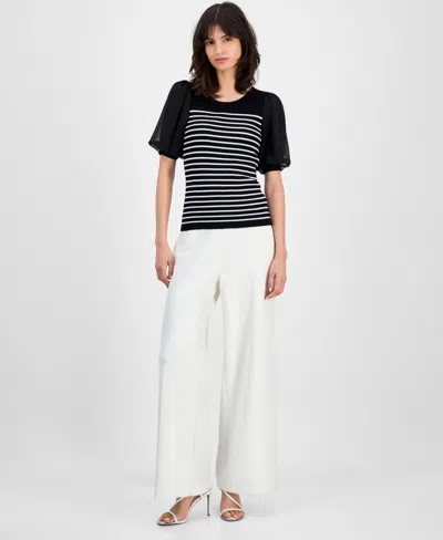 T Tahari Women's Striped Puffed-sleeve Ribbed Top In Black