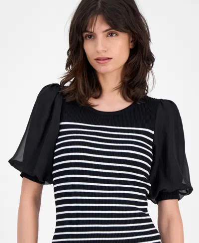T Tahari Women's Striped Puffed-sleeve Ribbed Top In Black