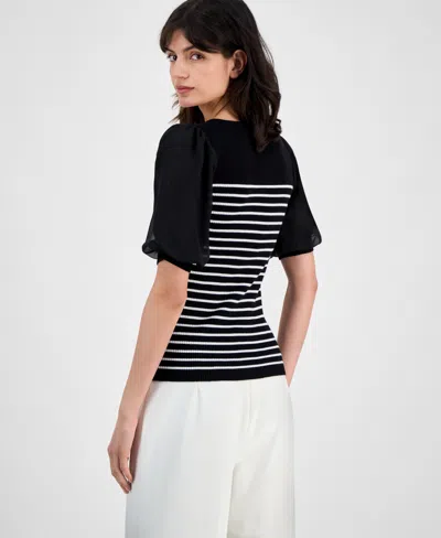 T Tahari Women's Striped Puffed-sleeve Ribbed Top In Black