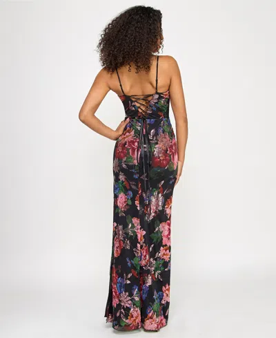 Katia Rae Juniors' Floral-print Sequined Spaghetti-strap Gown