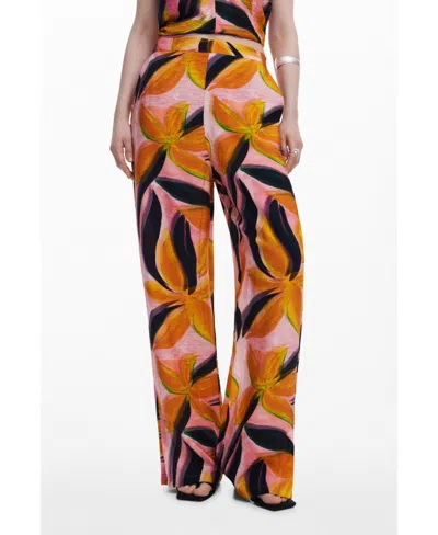 Desigual Floral Print Trousers In Brown